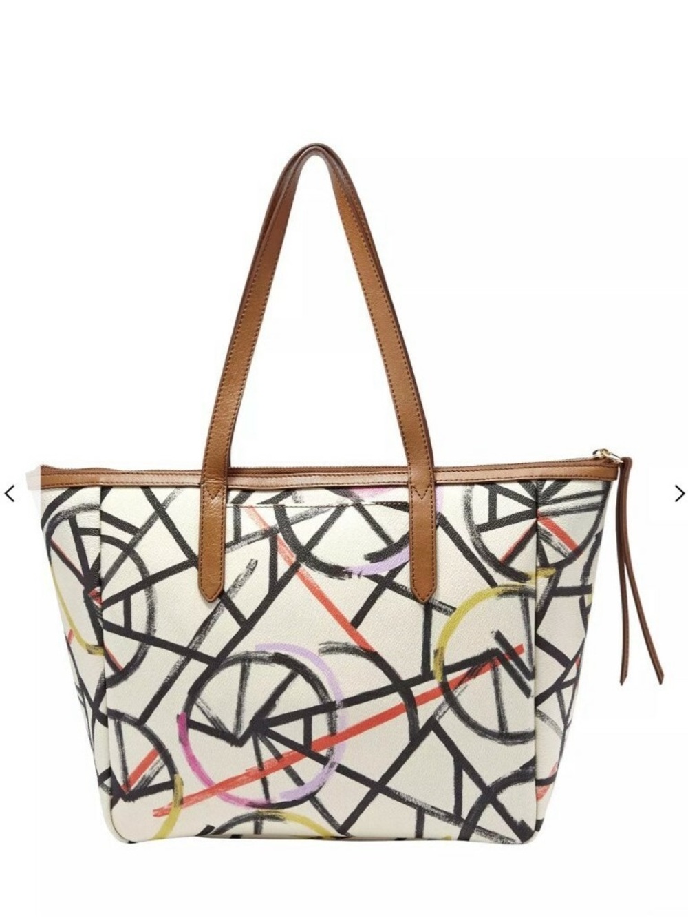 Fossil White Canvas Tote with Brown Trim and Multicolor Wheel Print